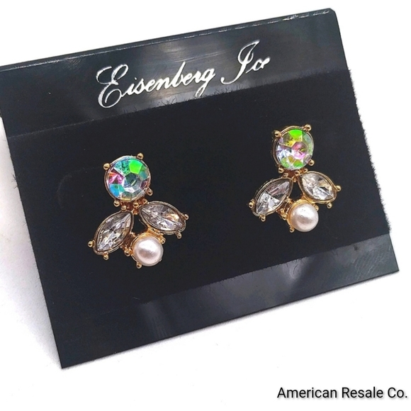 Vintage Eisenberg Ice Aurora Borealis Crystal Pearl Dangle Drop Earrings in Gold - Picture 1 of 4